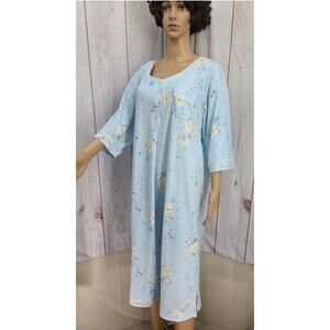 Karen Neuburger Women 1XL Lt Blue Floral 3/4 Sleeve Midi Cotton Blend Nightgown
